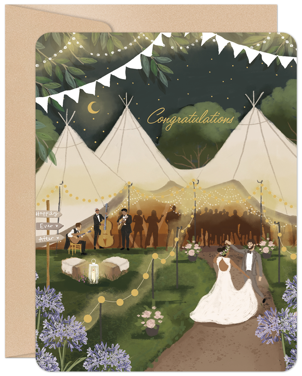 Front of a bohemian wedding card featuring a happy couple, tipi tents, string lights, and a band at a beautiful outdoor evening celebration.