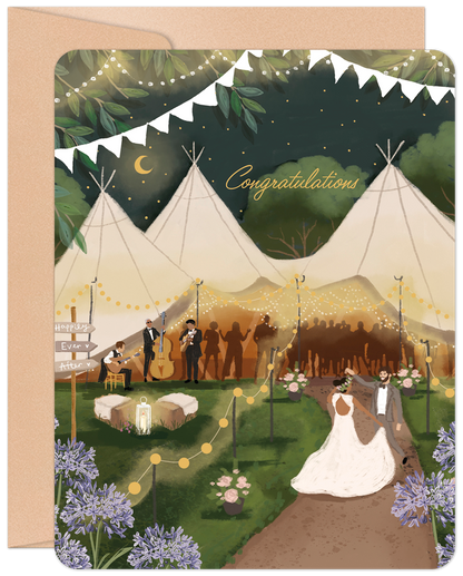 Front of a bohemian wedding card featuring a happy couple, tipi tents, string lights, and a band at a beautiful outdoor evening celebration.