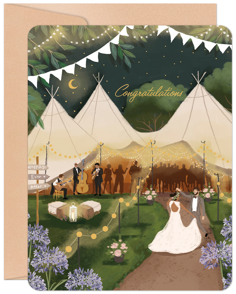 Front view of a beautifully illustrated wedding greeting card featuring a newlywed couple dancing under string lights, surrounded by tipis, a live band, and lush purple flowers. The scene evokes a magical outdoor celebration with 'Congratulations' written at the top.