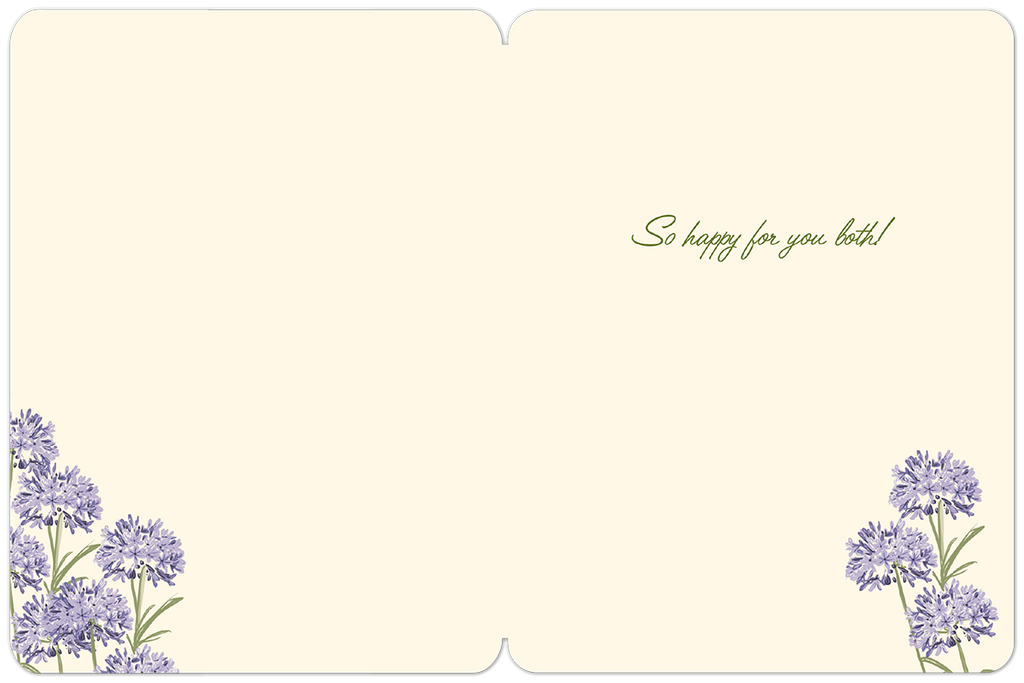 Interior of a wedding greeting card, light cream background with pre-printed message 'So happy for you both!' and delicate purple floral accents in the corners, providing ample space for a personal message.