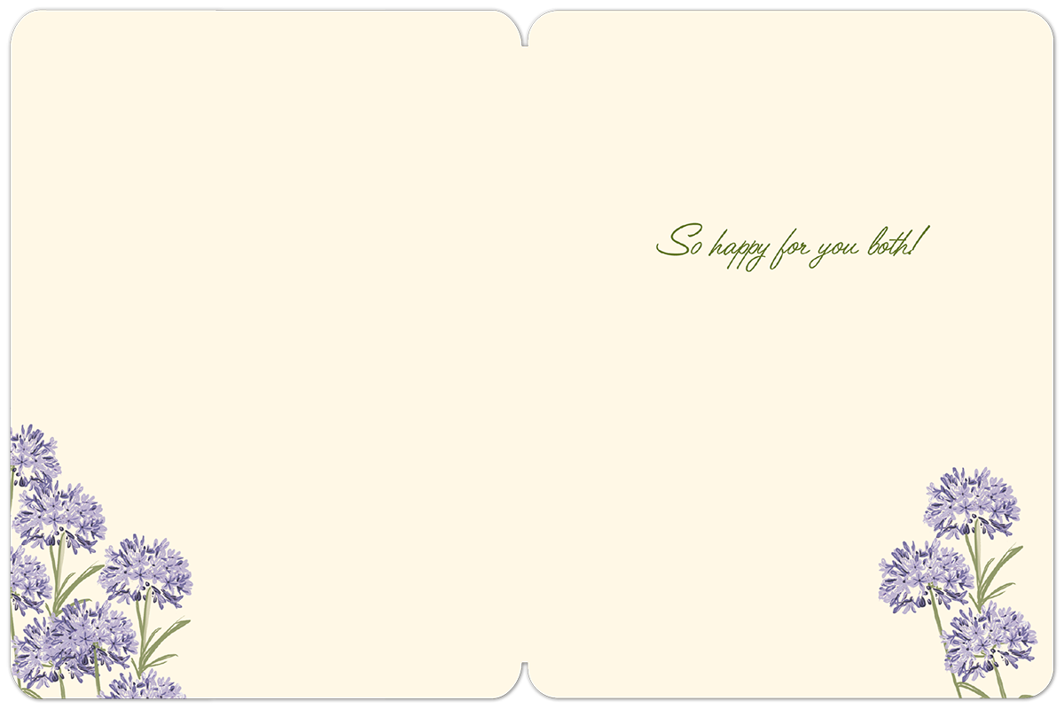 Interior of a wedding greeting card, light cream background with pre-printed message 'So happy for you both!' and delicate purple floral accents in the corners, providing ample space for a personal message.