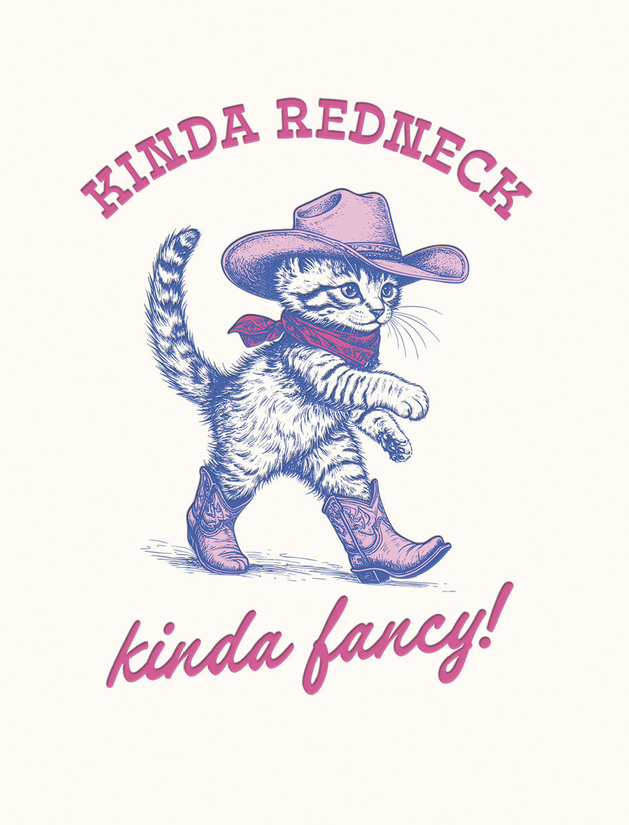 Cute kitten cartoon wearing a pink cowboy hat, red bandana, and pink cowboy boots, walking with text 'Kinda Redneck kinda fancy!' on a light cream background, perfect for a fun celebration.