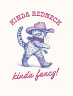 Cute kitten cartoon wearing a pink cowboy hat, red bandana, and pink cowboy boots, walking with text 'Kinda Redneck kinda fancy!' on a light cream background, perfect for a fun celebration.