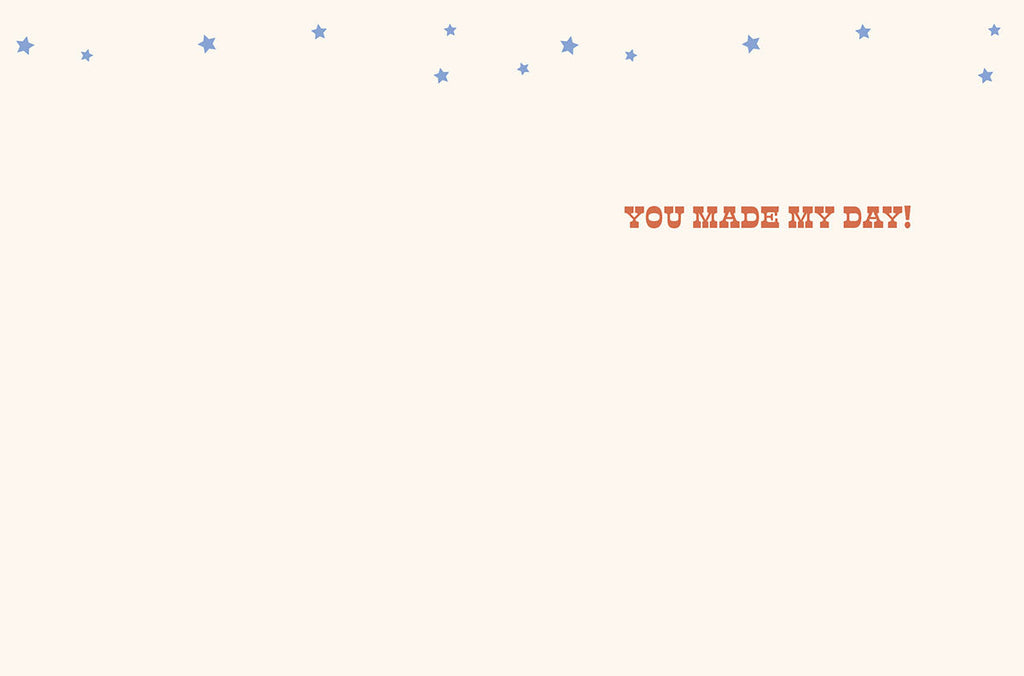 Inside of a thank you card with small blue stars scattered at the top, and 'YOU MADE MY DAY!' in red text, offering space for a handwritten message.