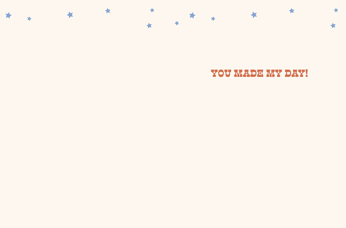 Inside of a thank you card with small blue stars scattered at the top, and 'YOU MADE MY DAY!' in red text, offering space for a handwritten message.