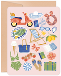 Front of a vibrant Italian summer birthday card for her, featuring a collage illustration of a peach Vespa scooter, sun hat, bikini, lemons, fish, ice cream, passport, suitcase, and 'la dolce vita' text on a pink background.