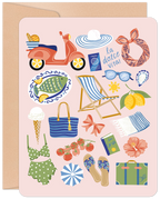 Front of a vibrant Italian summer birthday card for her, featuring a collage illustration of a peach Vespa scooter, sun hat, bikini, lemons, fish, ice cream, passport, suitcase, and 'la dolce vita' text on a pink background.