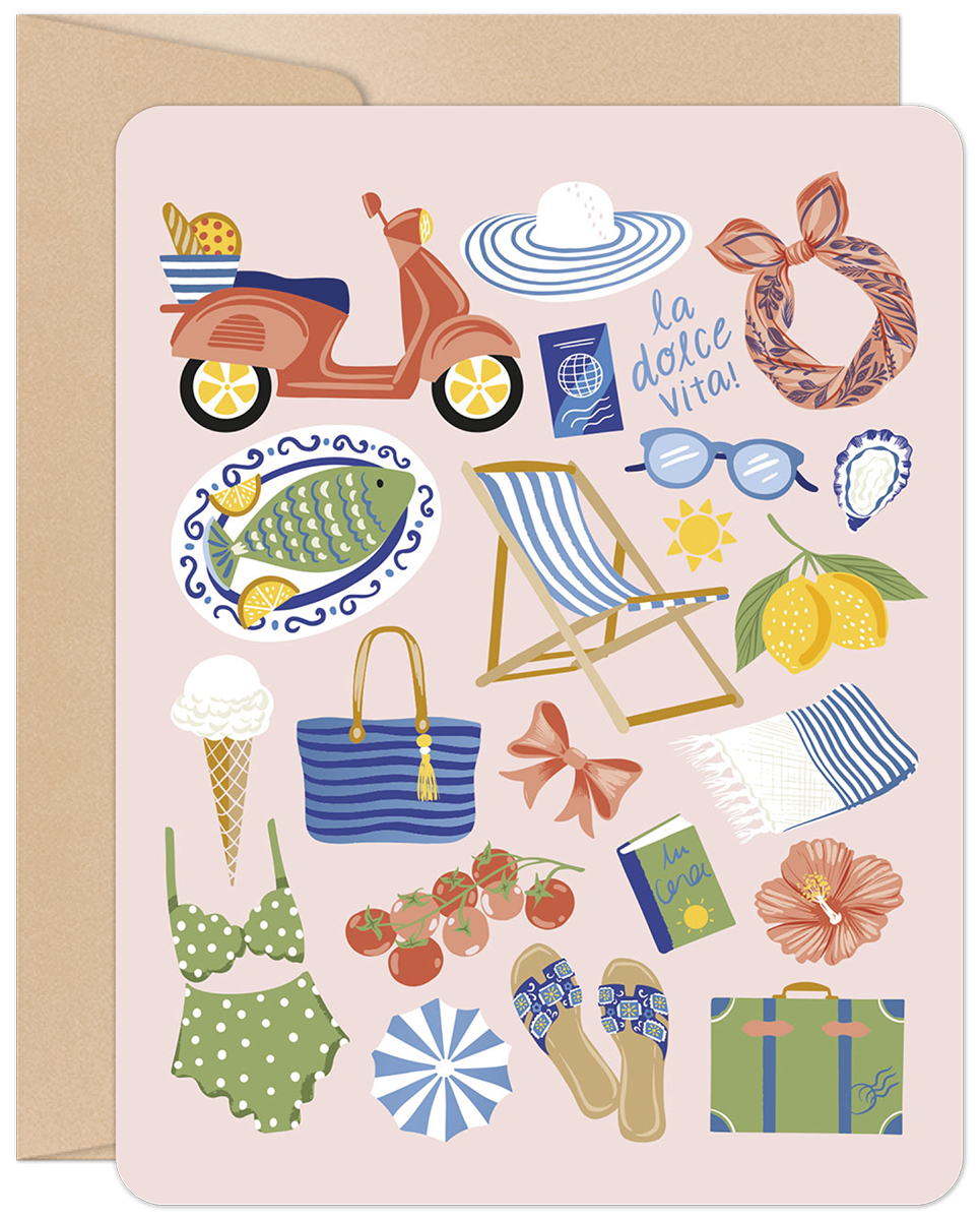 Front of a vibrant Italian summer birthday card for her, featuring a collage illustration of a peach Vespa scooter, sun hat, bikini, lemons, fish, ice cream, passport, suitcase, and 'la dolce vita' text on a pink background.