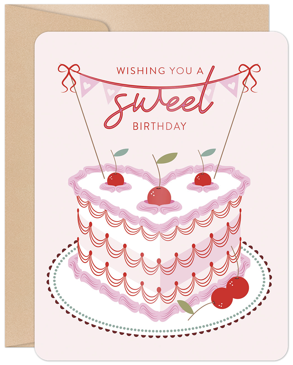 Romantic birthday greeting card with a heart-shaped pink cake, cherries, and 'Wishing you a sweet Birthday' banner on a light background with kraft envelope.
