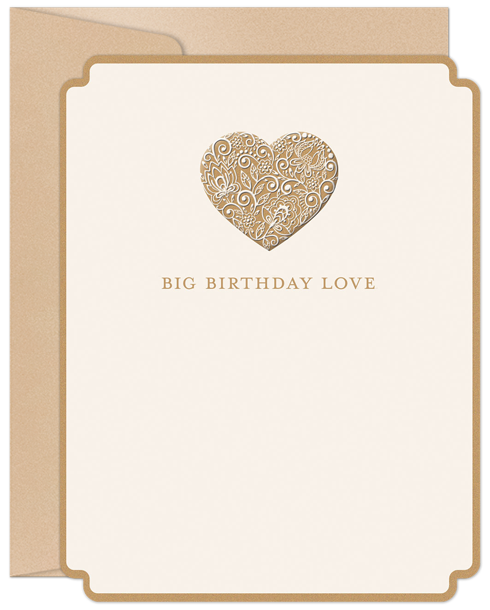 Elegant cream greeting card featuring a richly detailed, embossed gold heart design and "BIG BIRTHDAY LOVE" text, accompanied by a natural kraft envelope. Perfect for heartfelt celebrations.