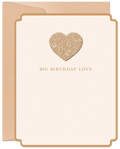 Elegant greeting card front featuring a large, ornate gold foil heart design on an ivory background with 'BIG BIRTHDAY LOVE' text, scalloped edges, and a craft paper envelope.