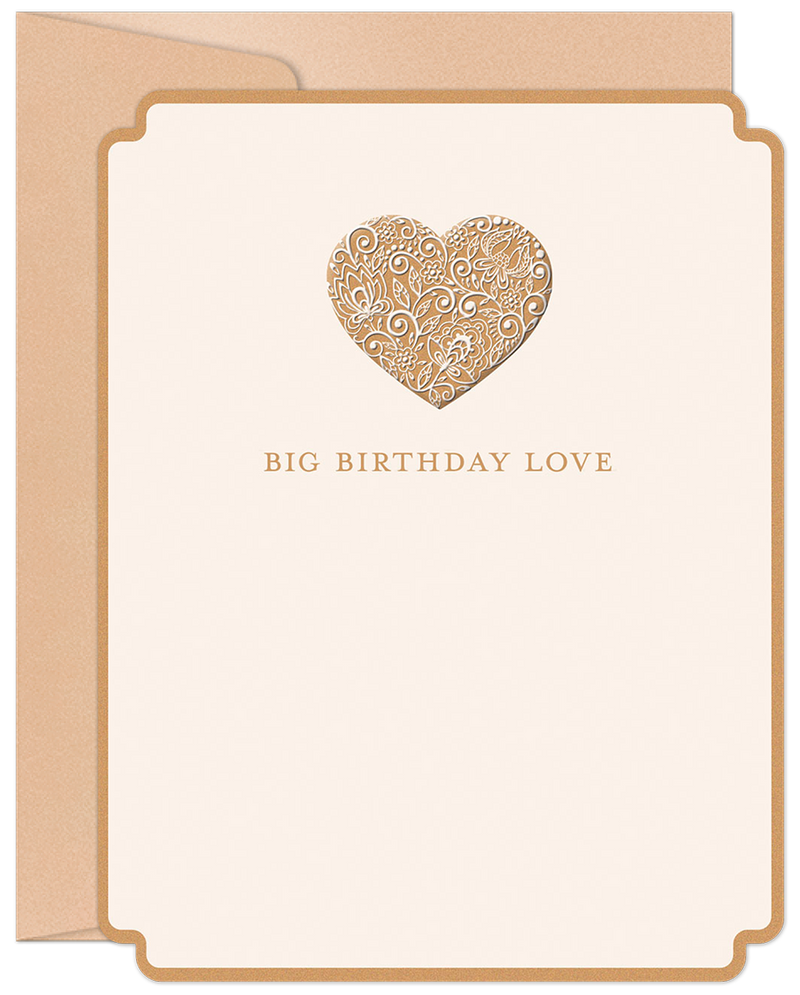 Elegant greeting card front featuring a large, ornate gold foil heart design on an ivory background with 'BIG BIRTHDAY LOVE' text, scalloped edges, and a craft paper envelope.