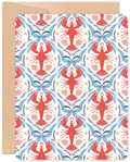 Romantic greeting card for spouse featuring a whimsical pattern of red lobsters, light blue bows, golden stars, and pink seashells on a white background, with a kraft brown envelope.