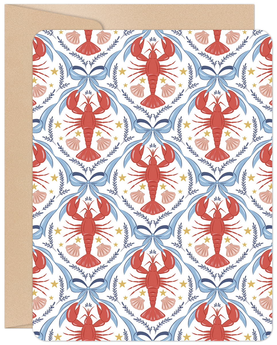 Romantic greeting card for spouse featuring a whimsical pattern of red lobsters, light blue bows, golden stars, and pink seashells on a white background, with a kraft brown envelope.