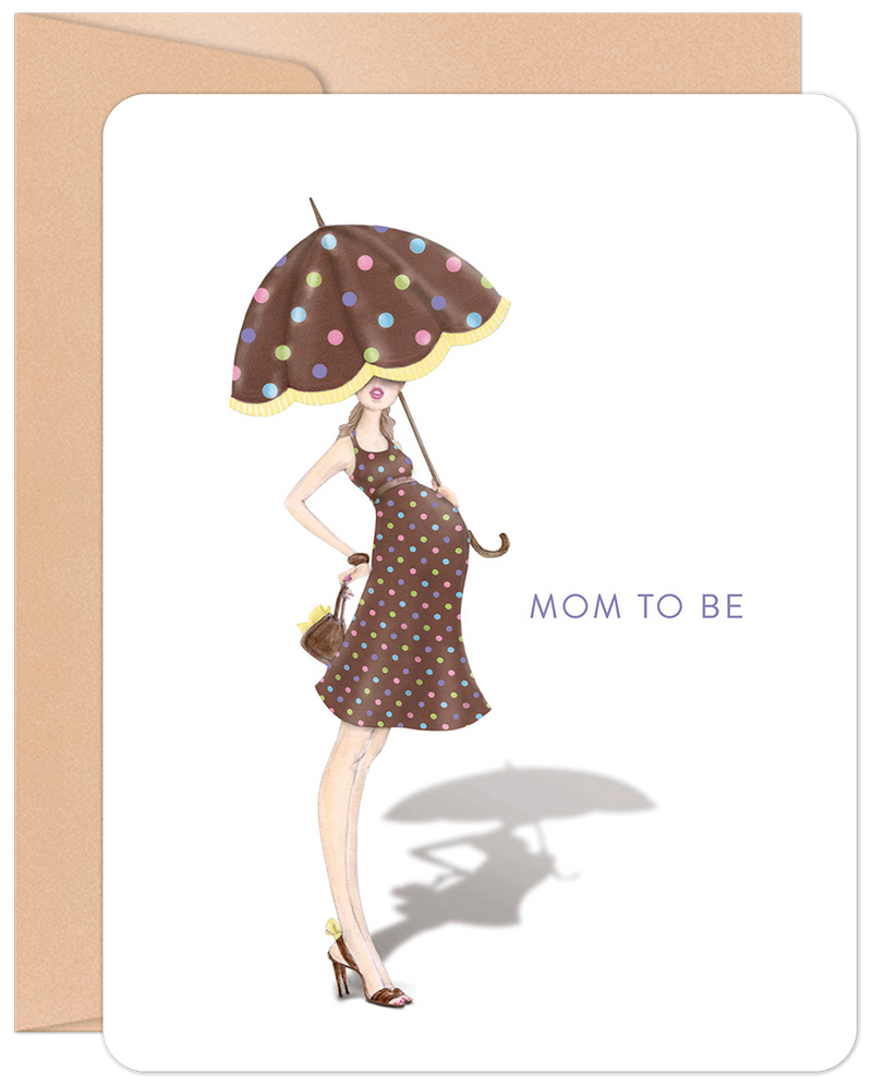 Whimsical mom-to-be greeting card featuring a pregnant woman in a polka dot dress and umbrella, celebrating expecting mothers.