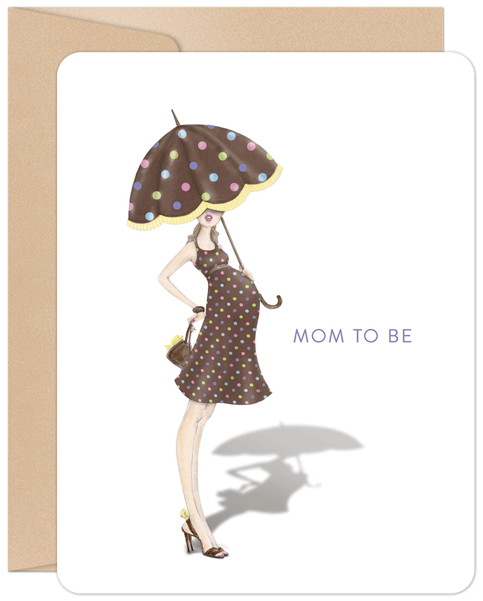Front of a cute 'Mom to Be' greeting card featuring an illustration of a stylish pregnant woman in a polka dot dress and holding a matching umbrella, on a white background with a kraft envelope.