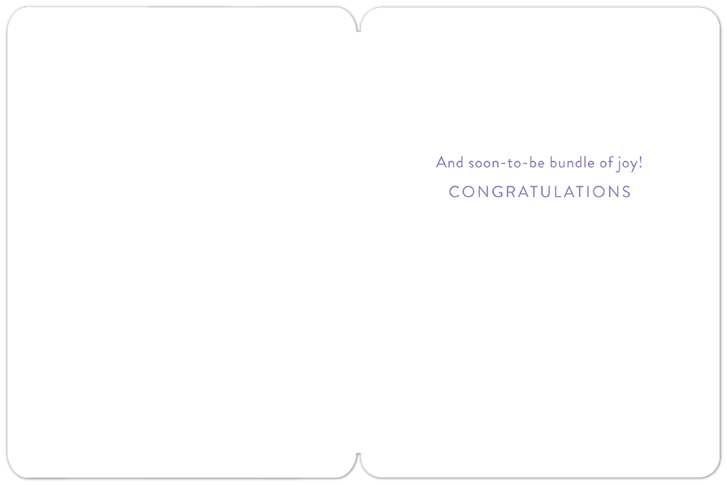 Inside view of a white greeting card for a 'Mom to Be', with the elegant purple text 'And soon-to-be bundle of joy! CONGRATULATIONS' printed on the right side.