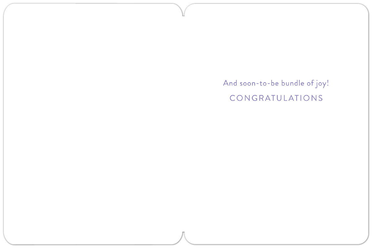 Inside view of a white greeting card for a 'Mom to Be', with the elegant purple text 'And soon-to-be bundle of joy! CONGRATULATIONS' printed on the right side.