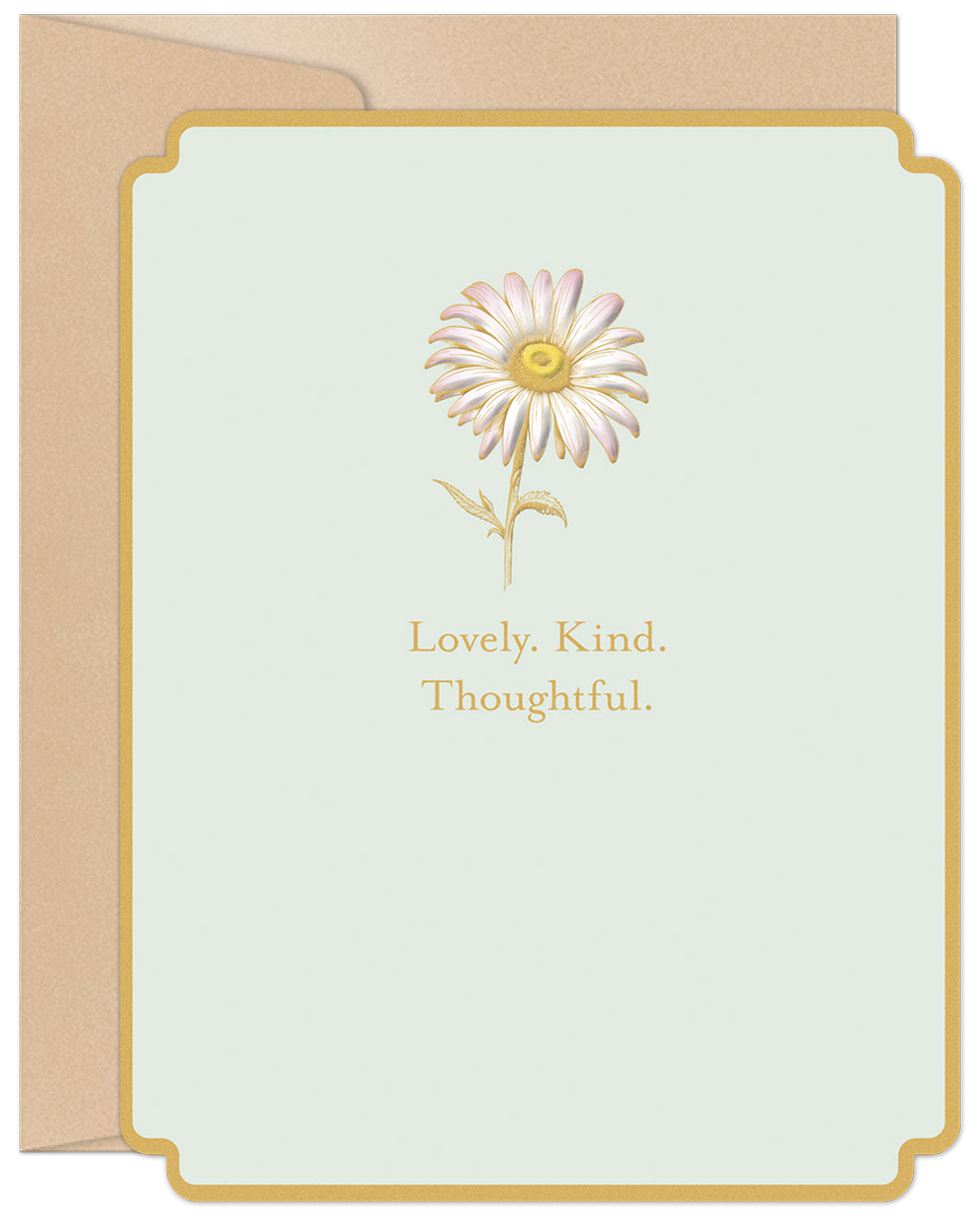 Elegant thank you greeting card featuring a delicate white daisy illustration, golden 'Lovely. Kind. Thoughtful.' text, and a soft beige envelope. Perfect for expressing appreciation.