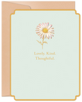 Elegant thank you greeting card featuring a delicate white daisy illustration, golden 'Lovely. Kind. Thoughtful.' text, and a soft beige envelope. Perfect for expressing appreciation.