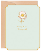 Elegant thank you greeting card featuring a delicate white daisy illustration, golden 'Lovely. Kind. Thoughtful.' text, and a soft beige envelope. Perfect for expressing appreciation.