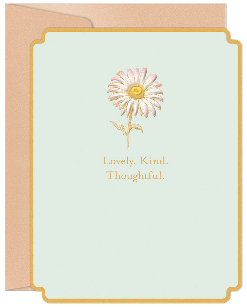 Elegant mint green thank you card featuring a white daisy illustration, gold text 'Lovely. Kind. Thoughtful.', and a gold border, with a kraft envelope partially visible.