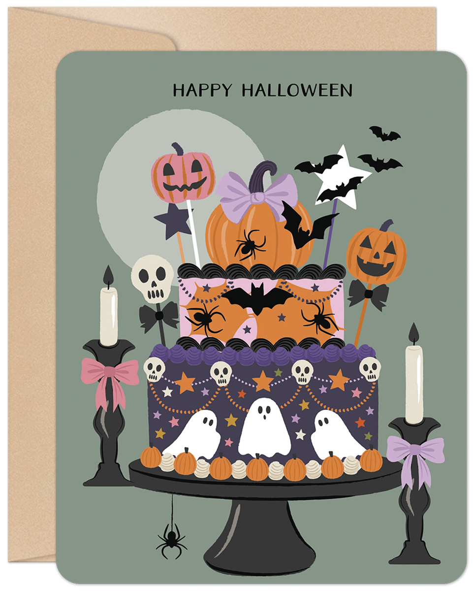 Cute Halloween greeting card featuring a multi-tiered spooky cake decorated with smiling pumpkins, friendly ghosts, bats, spiders, skulls, and candles, set against a full moon on a teal background.