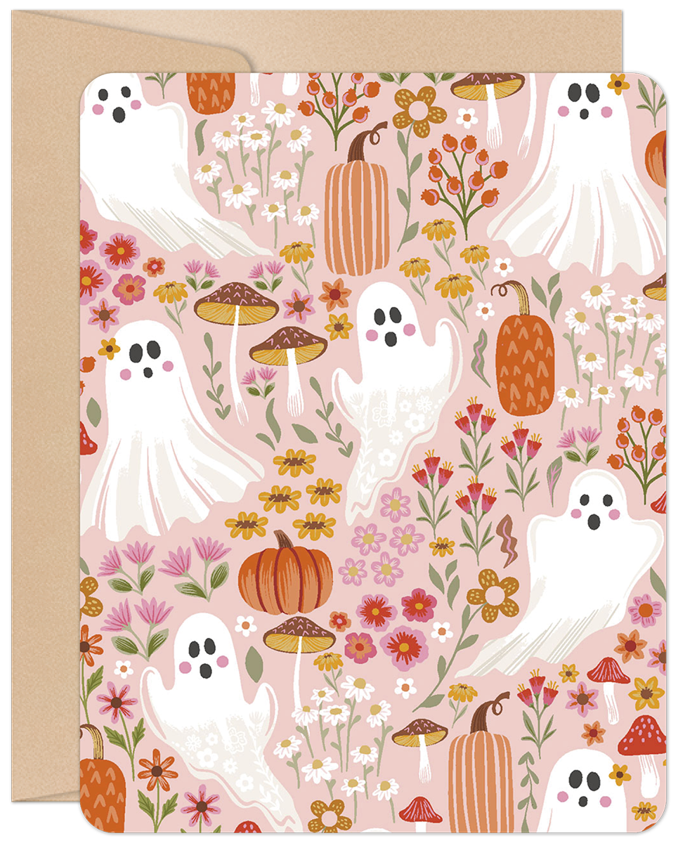 Cute ghost and pumpkin floral greeting card, pink background, whimsical Halloween design for kids and friends.