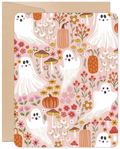 Cute ghost and pumpkin floral greeting card, pink background, whimsical Halloween design for kids and friends.