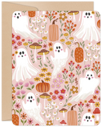 Cute ghost and pumpkin floral greeting card, pink background, whimsical Halloween design for kids and friends.