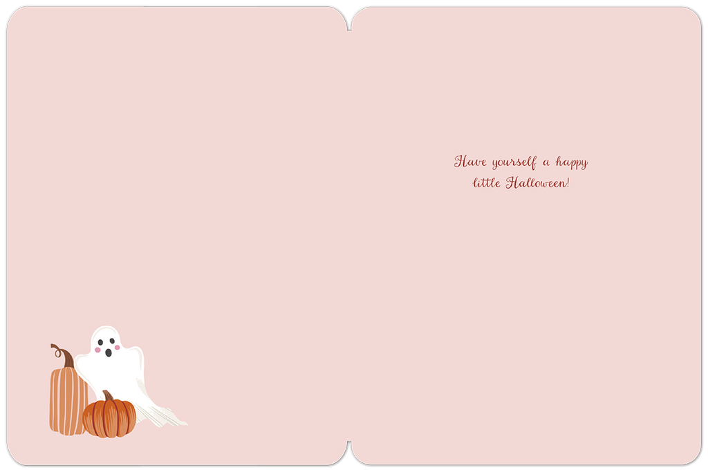 Inside view of a cute greeting card with a light pink background, showing the message 'Have yourself a happy little Halloween!' in a decorative script. A small cute white ghost and two orange pumpkins are in the bottom left corner.
