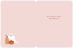 Inside view of a cute greeting card with a light pink background, showing the message 'Have yourself a happy little Halloween!' in a decorative script. A small cute white ghost and two orange pumpkins are in the bottom left corner.