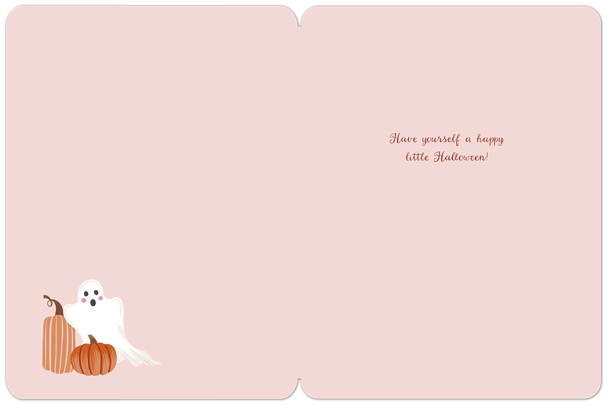Inside view of a cute greeting card with a light pink background, showing the message 'Have yourself a happy little Halloween!' in a decorative script. A small cute white ghost and two orange pumpkins are in the bottom left corner.