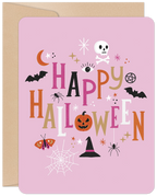 Cute Halloween greeting card with pink background, featuring 'Happy Halloween' text, bats, pumpkin, spider, skull, witch hat, and stars. Perfect for friends.