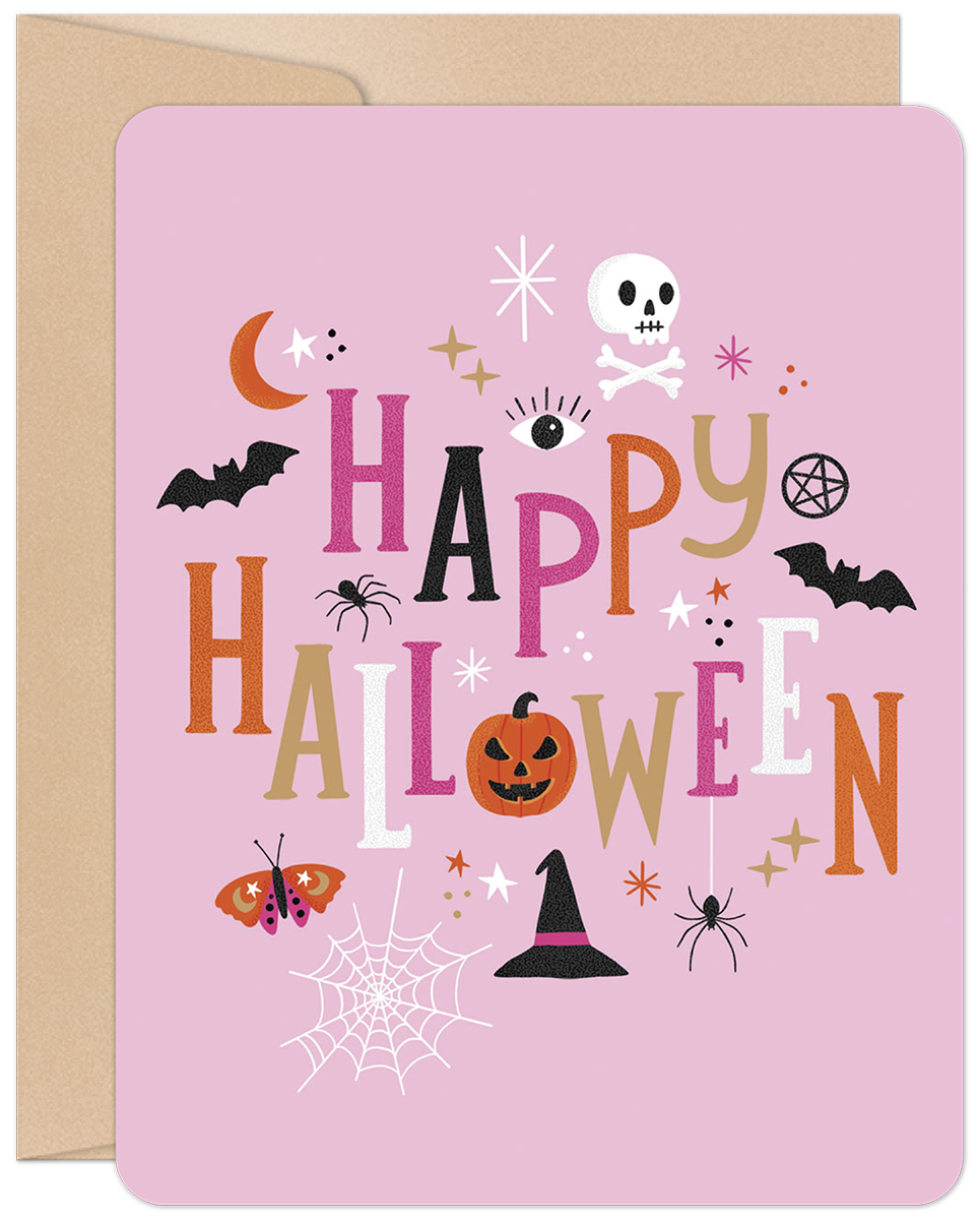 Cute Halloween greeting card with pink background, featuring 'Happy Halloween' text, bats, pumpkin, spider, skull, witch hat, and stars. Perfect for friends.