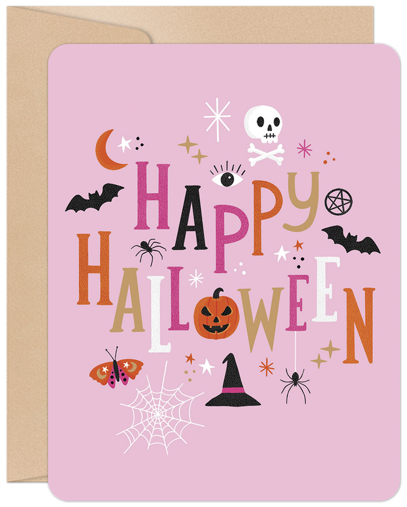Cute pink Halloween greeting card for kids with 'Happy Halloween' text, friendly pumpkin, bats, skull, spider, and witch hat design, perfect for sending spooky cheer.