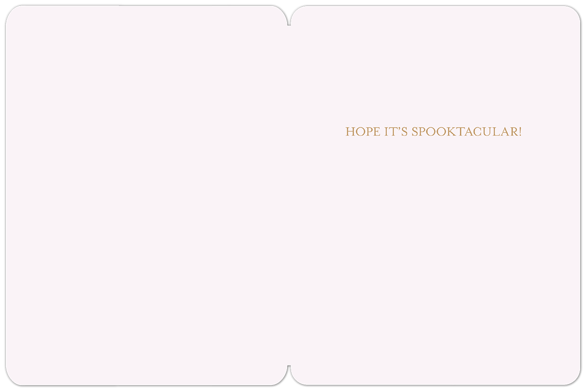 Open Halloween card interior with a light pink background and 'HOPE IT'S SPOOKTACULAR!' message in a festive orange font.