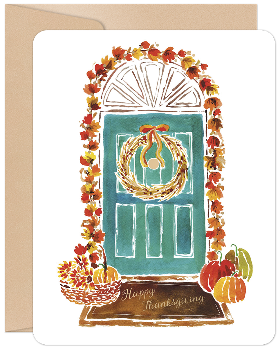 Watercolor illustration of a teal front door adorned with a golden wreath, vibrant autumn leaves, and pumpkins. A festive fall greeting card perfect for the harvest season.