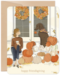 Fall themed greeting card featuring a woman and a dog surrounded by autumn pumpkins and wreaths on a porch, wishing 'happy friendsgiving'. Perfect for autumn gratitude.