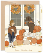 Fall themed greeting card featuring a woman and a dog surrounded by autumn pumpkins and wreaths on a porch, wishing 'happy friendsgiving'. Perfect for autumn gratitude.