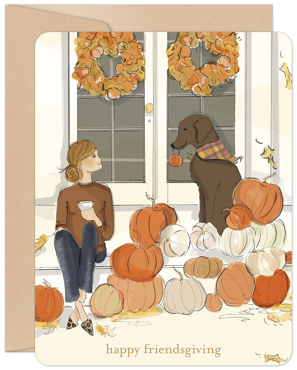 Fall themed greeting card featuring a woman and a dog surrounded by autumn pumpkins and wreaths on a porch, wishing 'happy friendsgiving'. Perfect for autumn gratitude.