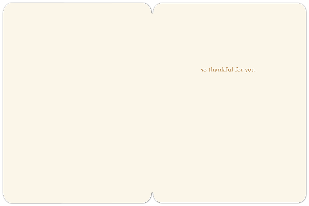 Inside of a Friendsgiving greeting card with the heartfelt message 'so thankful for you' on a cream background, offering space for a personal note.