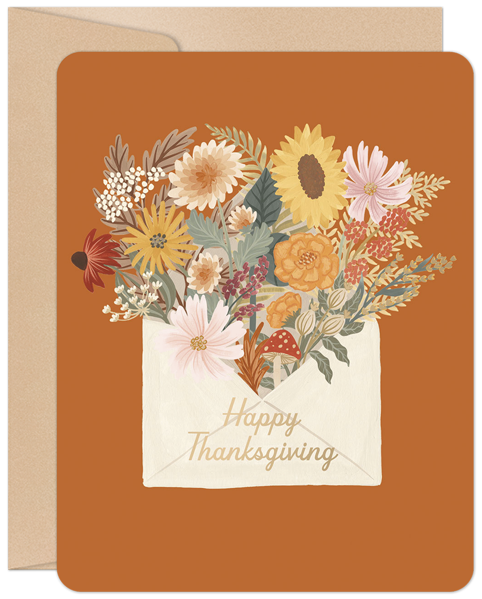 Elegant autumn floral greeting card featuring a bouquet of sunflowers, mums, and wildflowers in a rustic envelope, set against a warm orange background, perfect for expressing fall gratitude.