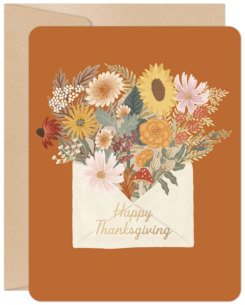 Elegant fall greeting card with a vibrant bouquet of autumn flowers, including sunflowers, mums, and berries, arranged in a white envelope on a warm burnt orange background, featuring 'Happy Thanksgiving' in golden script. Perfect for heartfelt autumn wishes.