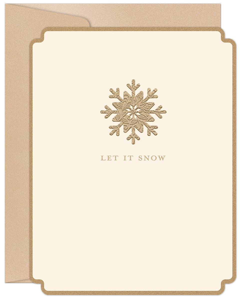 Elegant winter greeting card featuring an embossed gold snowflake design and 'LET IT SNOW' text on a cream-colored background, perfect for holiday well wishes.