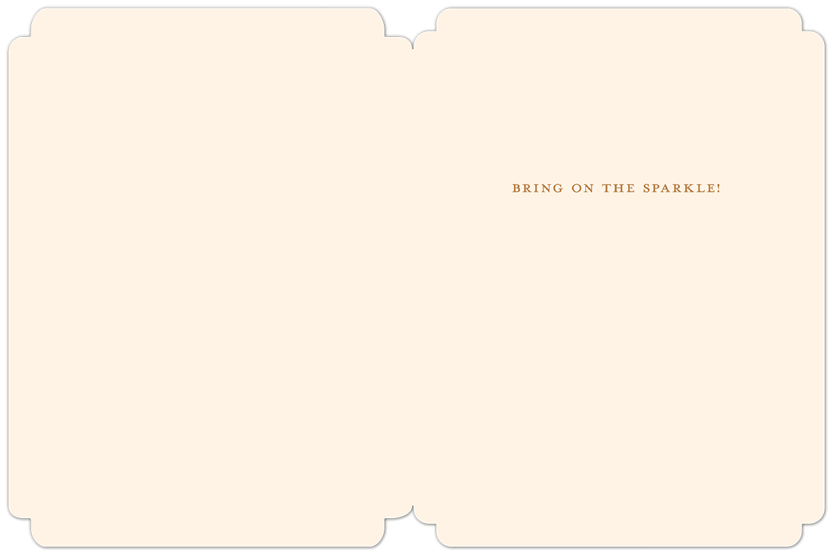 Interior of a sophisticated holiday card displaying 'BRING ON THE SPARKLE!' in gold lettering on a smooth cream background, ready for personal messages.