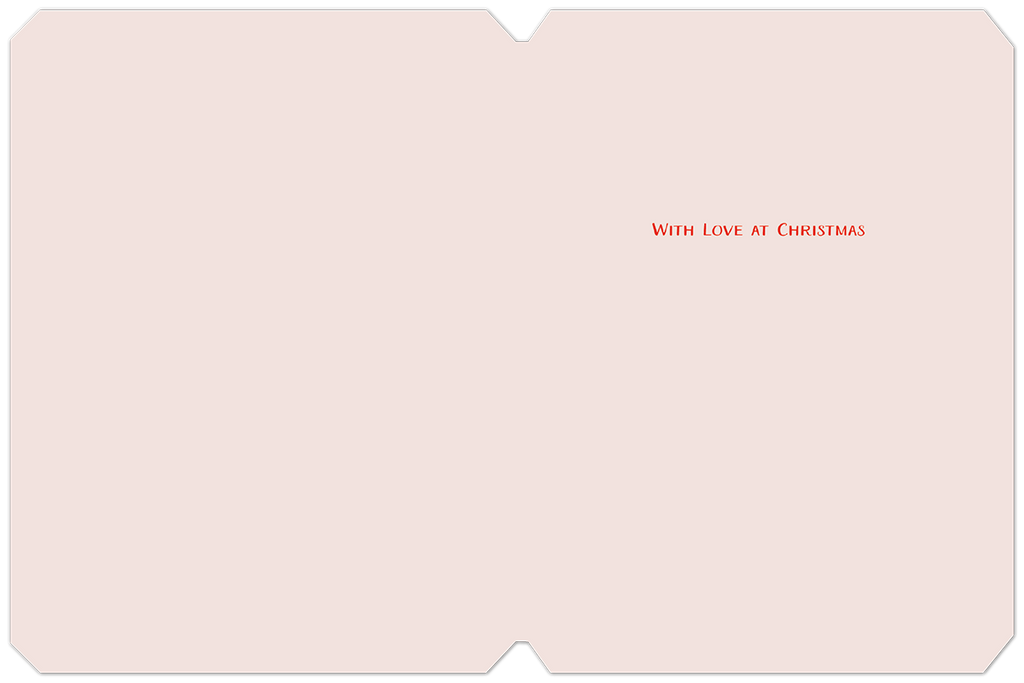 Inside of a warm holiday greeting card, showing a blank space for a personal message and small red text 'WITH LOVE AT CHRISTMAS'.