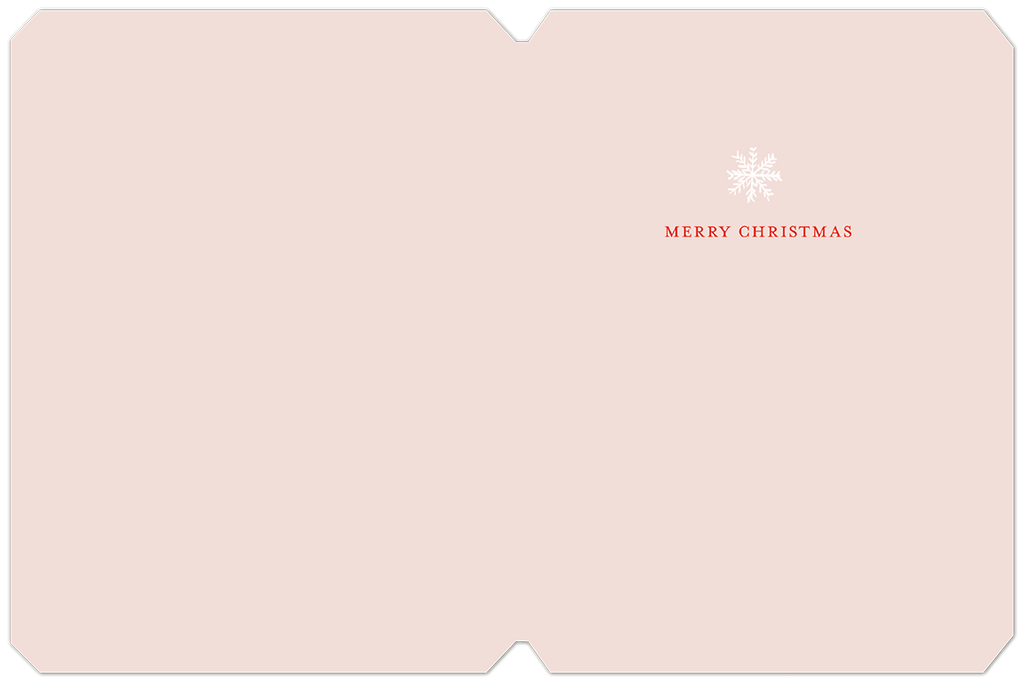 Inside of a simple holiday greeting card displaying 'MERRY CHRISTMAS' text and a small white snowflake illustration on a plain light pink background, offering ample space for a personalized message.