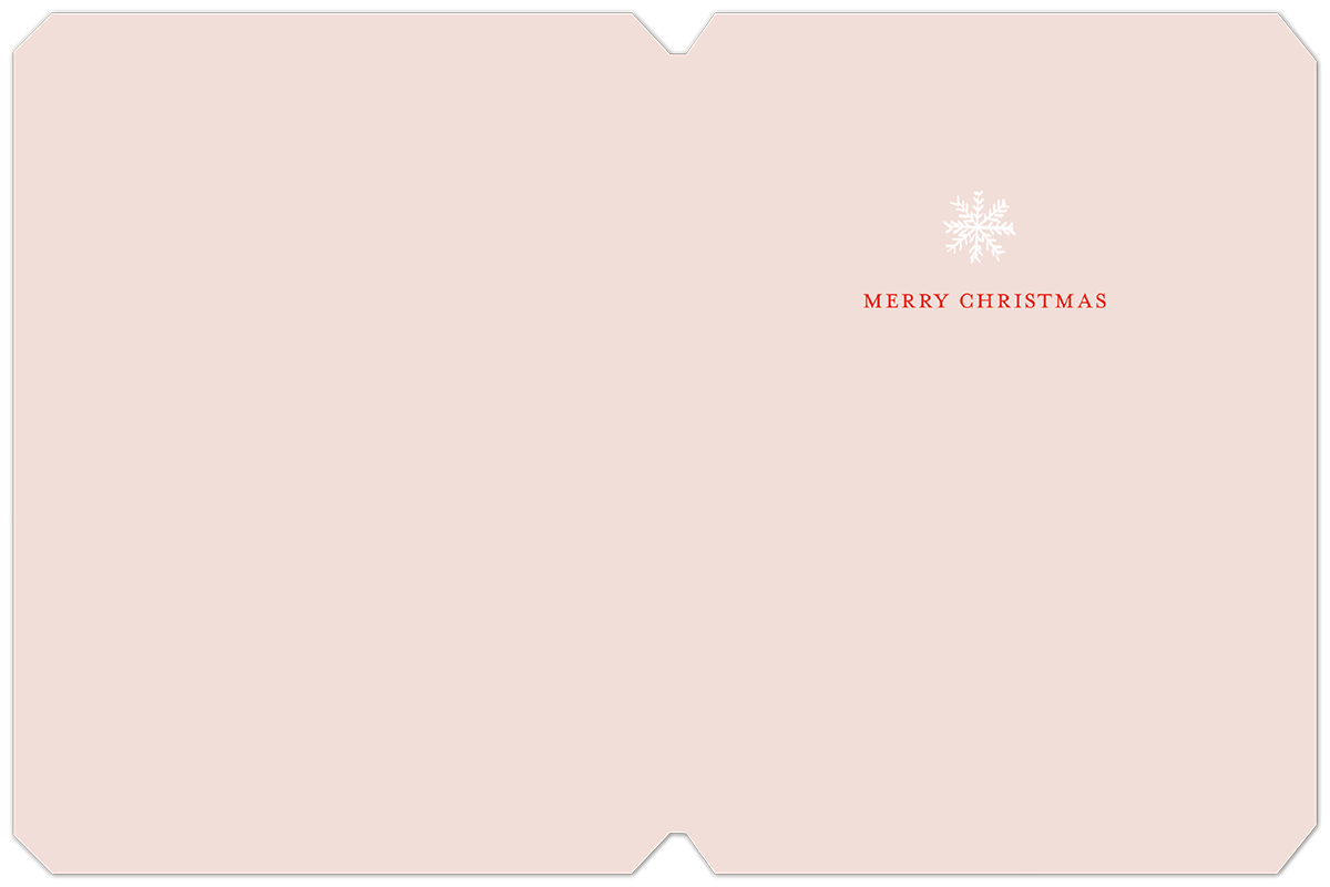 Inside of a simple holiday greeting card displaying 'MERRY CHRISTMAS' text and a small white snowflake illustration on a plain light pink background, offering ample space for a personalized message.