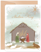 Religious Christmas greeting card featuring a watercolor nativity scene with Mary, Joseph, baby Jesus in a manger, and sheep under a star, with 'Glory to the Newborn King' text.